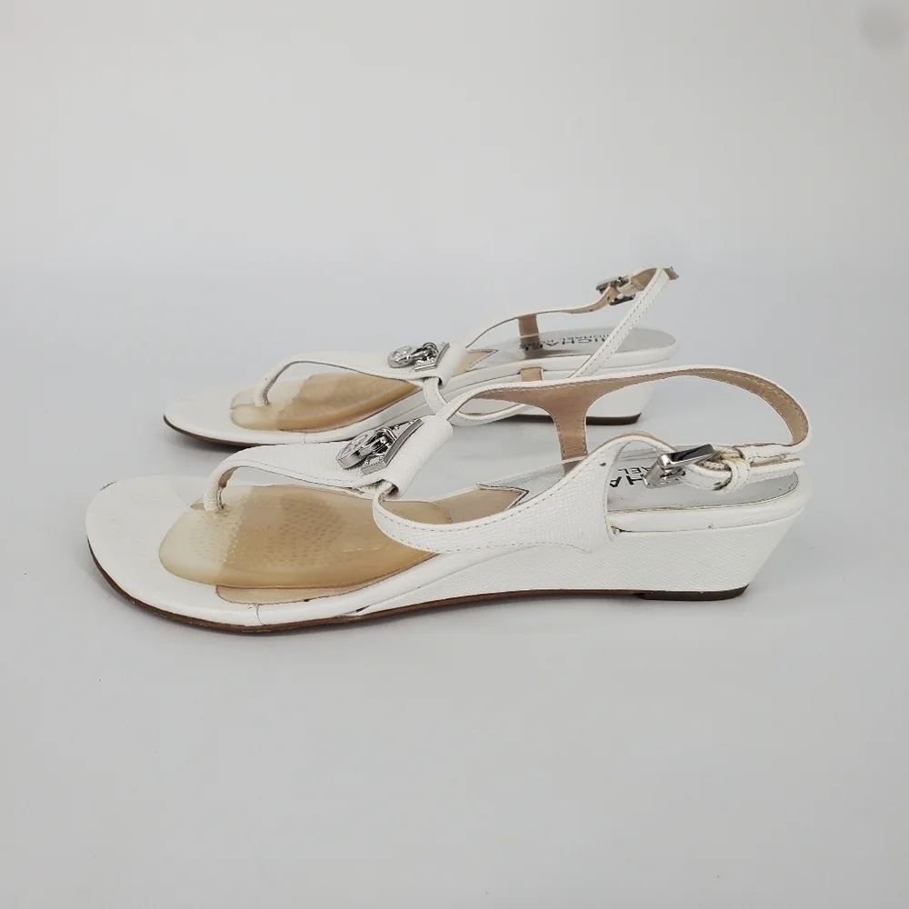 MICHAEL KORS MK Padlock Thong Sandals White Low Wedge Silver Women's 5M Shoes